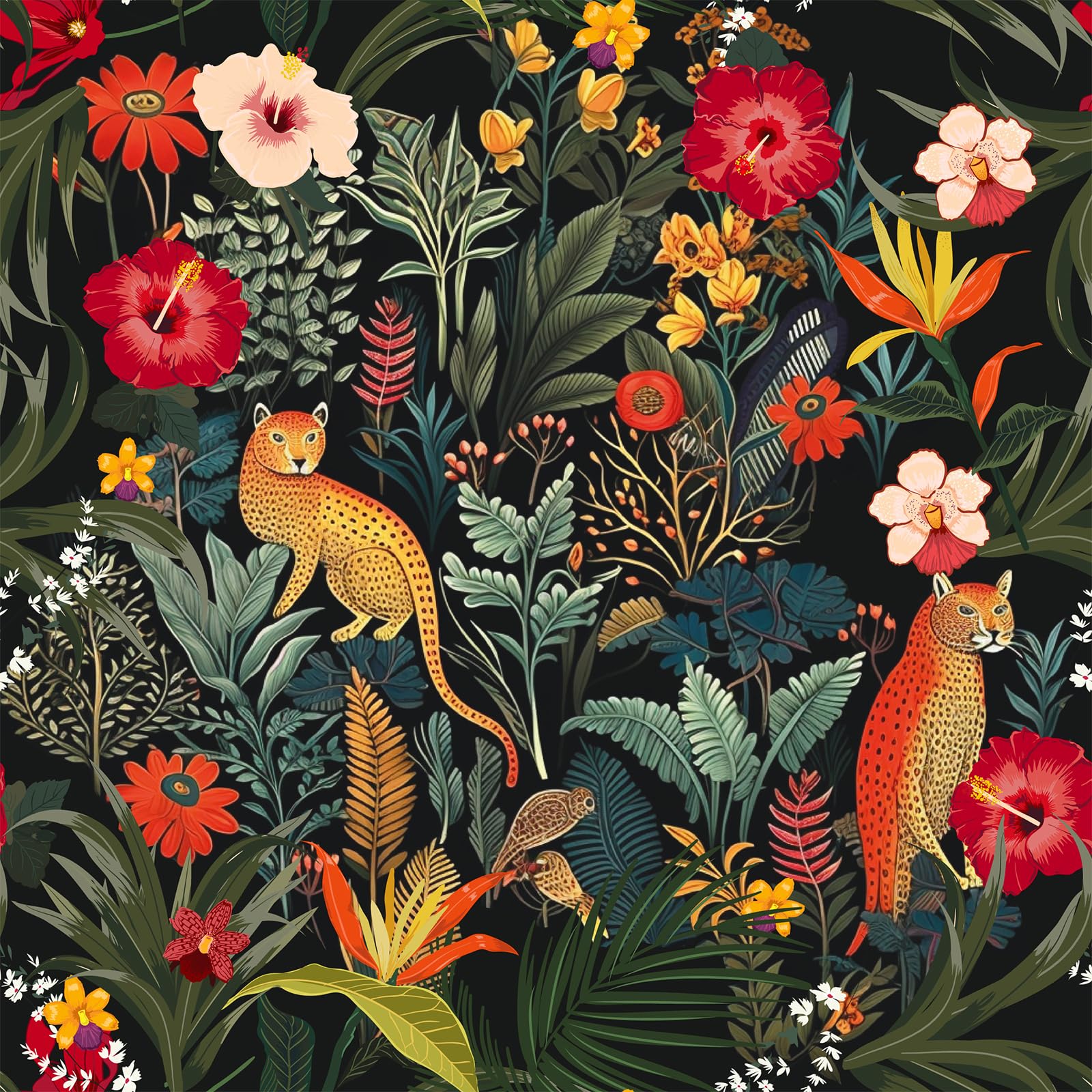 VEELIKE Dark Tropical Wallpaper Black Jungle Wallpaper Peel and Stick Leopard Forest Wall Paper for Bedroom Bathroom Removable 44.5cmx300cm Botanical Wall Art Deco Patterned Floral Wall Mural