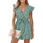 CUPSHE Women's V Neck Floral Print Belted Elastic Waist Romper Ruffled Cap Sleeves Mini Jumpsuit