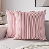 Encasa XO Farmhouse Throw Pillow Covers Set of 2 (20x20 in) Ticking Red | Decorative Cushion Covers No Inserts | Plaid and Stripes Pillow Covers for Living Room, Couch