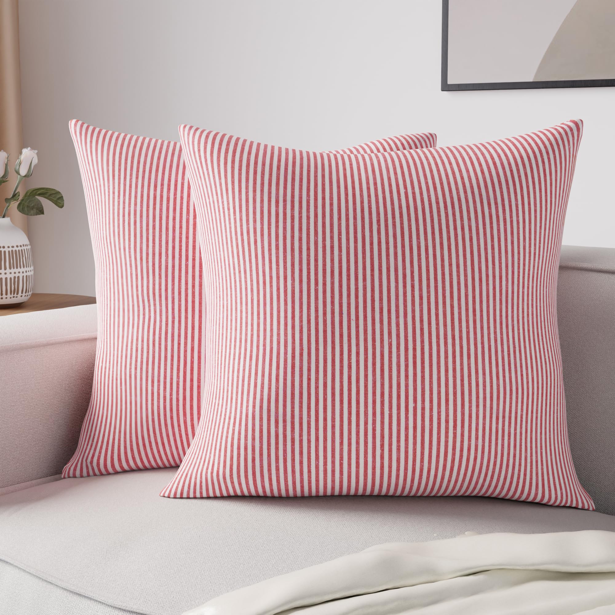 Encasa XO Cushion Covers 2 pcs set (45x45 cm) - Ticking Red - Decorative Large Square Colourful Washable Eco - Cotton, Throw Pillow Cases for Living Room, Sofa, Bedroom, Home & Hotel