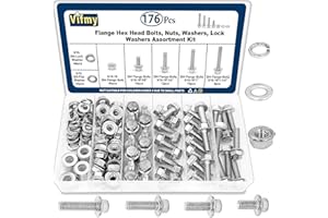 Vifmy 5/16-18 x 5/8", 3/4", 1", 1-1/4" Flange Hex Head Bolts Assortment Kit (176 Pack) with Serrated Flange Nuts, Washers & L