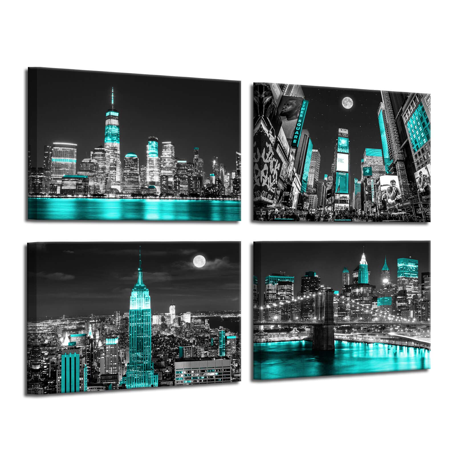 Photo 1 of Canvas Art Wall Decor Teal New York City Background Modern Black and White Wall Art Paintings for Home Wall Turquoise Decor Black Art Paintings 4 Pieces Canvas Wall Art Bedroom Decor 12x16inchx4pcs