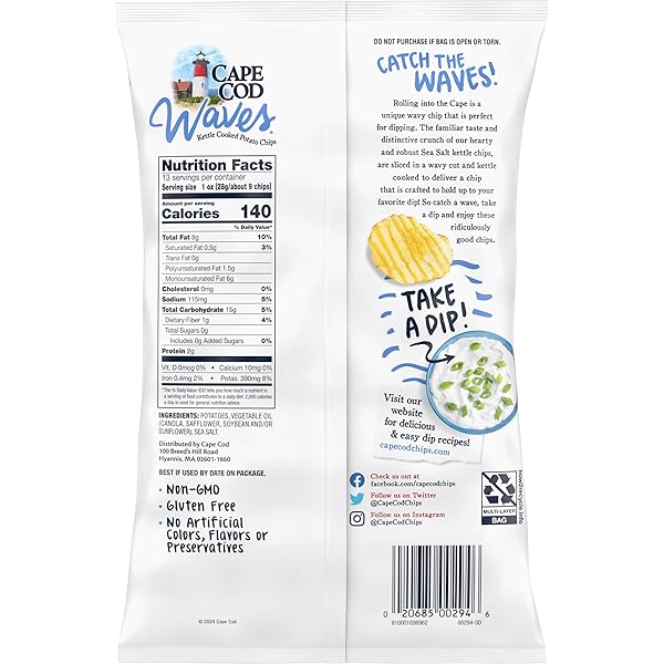 CAPE COD WAVES POTATO CHIPS, WAVY CUT SEA SALT KETTLE CHIPS, 13 OZ