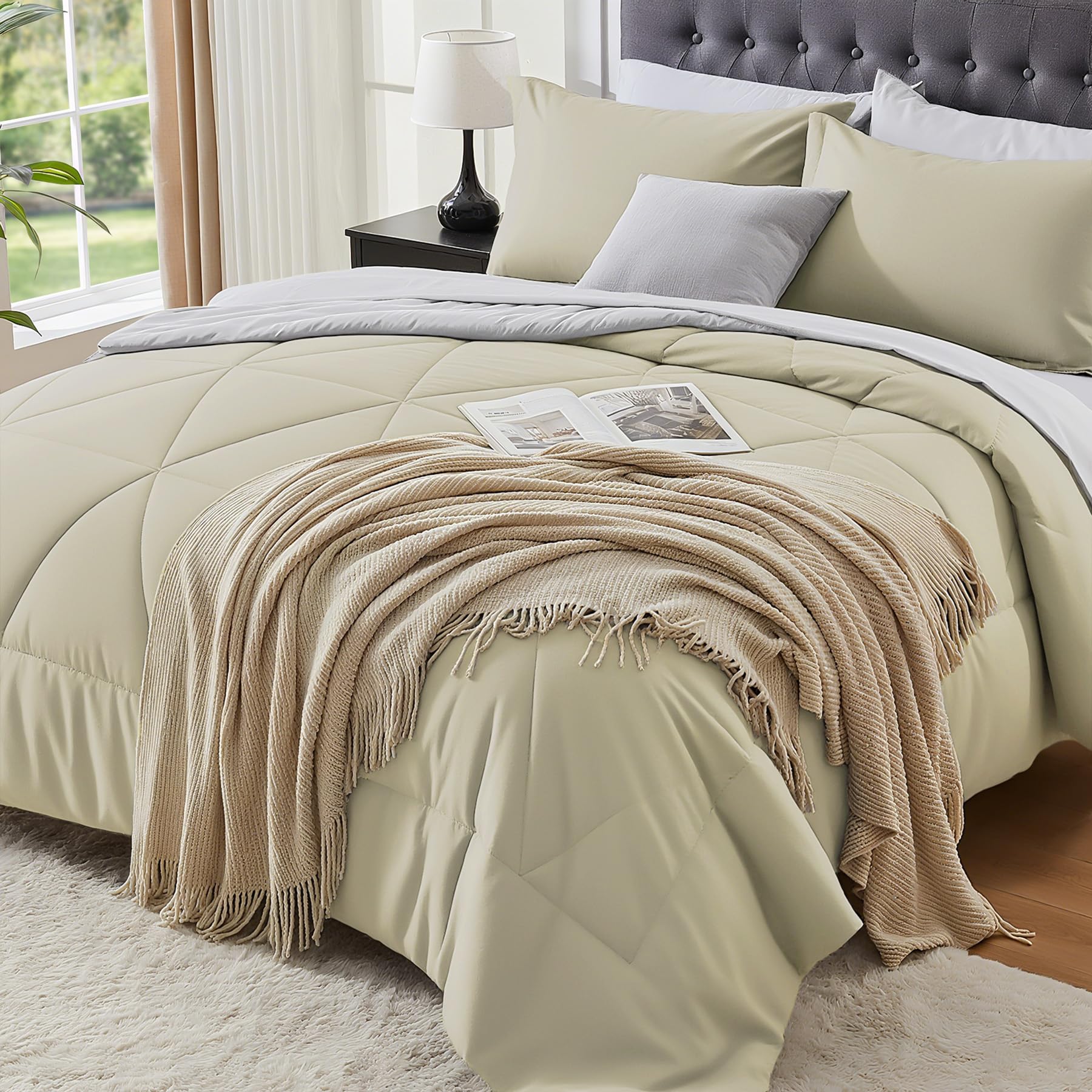 BEDELITE Queen Comforter Set 7 Pieces Bed in A Bag - Soft Microfiber Reversible Oatmeal Bed Set with Comforters, Sheets, Pillowcases & Shams, Cozy Luxury Bedding Sets for All Season Image