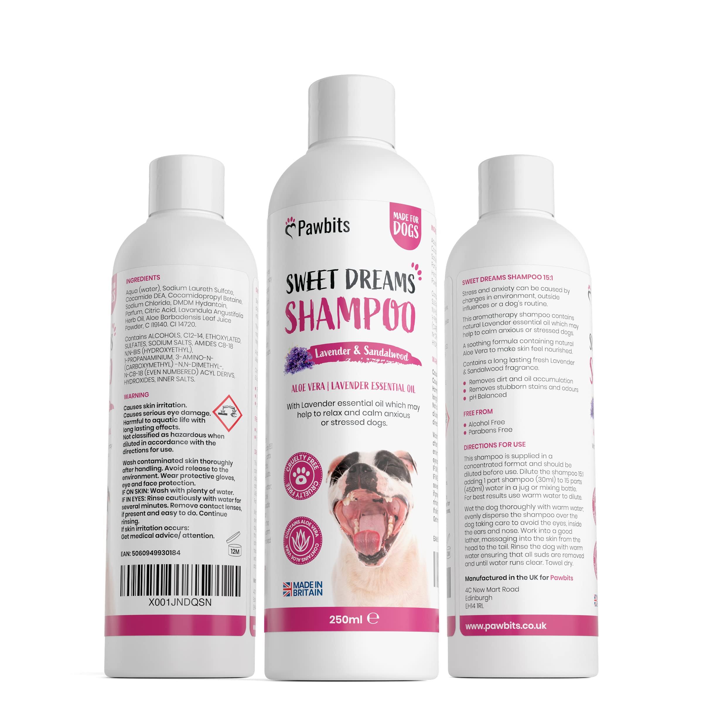 Sweet Dreams Sandalwood and Lavender Fragranced Concentrated Dog Shampoo 250ml - Aloe Vera and Lavender Essential Oil Formula to Remove Dirt, Stubborn Stains and Odours