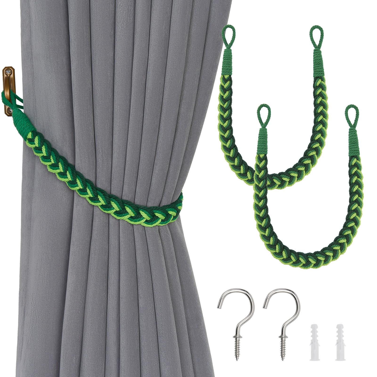 Pretty Jolly 2 Pack Natural Cotton Rope Curtain Tiebacks Elegant Boho Style Decorative Drape Tie Backs Soft Hand-Woven Rope Curtain Holdbacks with Metal Hook for Home Office Drapery (Gradient Green)