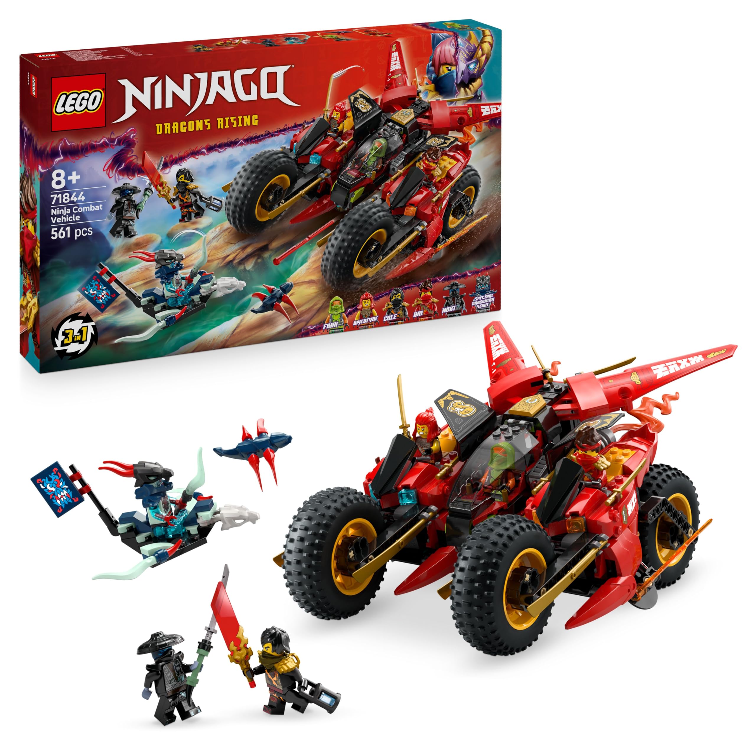 LEGO NINJAGO Veicolo da Combattimento Ninja - Set Trasformabile in 2 Moto Giocattolo e 1 Aereo - 6 Minifigure tra cui Kai e Cole - Regalo per Bambini da 8 Anni Fan di La Rivolta dei Draghi - 71844