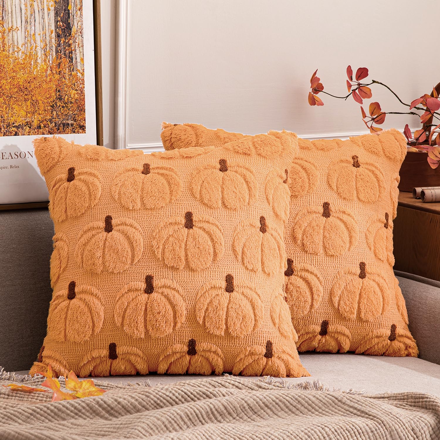 Photo 1 of MIULEE Fall Pumpkin Throw Pillow Covers Decor Set of 2 Pumpkin Brown Stem 18 x 18 Decorative Cushion Covers Soft Plush Faux Fur Couch Pillows for Autumn Harvest Outdoor Porch Farmhouse Halloween Home