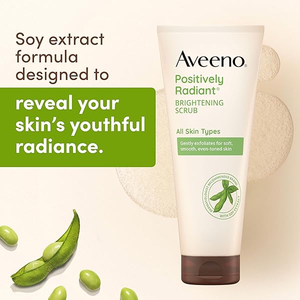 AVEENO POSITIVELY RADIANT SKIN BRIGHTENING EXFOLIATING DAILY FACIAL SCRUB, GENTLE WITH MOISTURE-RICH SOY EXTRACT, HELPS IMPROVE SKIN TONE & TEXTURE, OIL- & SOAP-FREE, HYPOALLERGENIC, 5 OZ