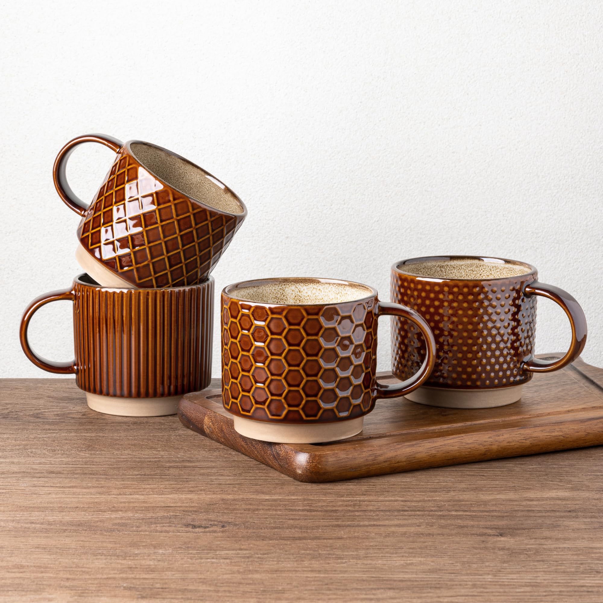 View 1 of GBHOME 12 OZ Stackable Coffee Mugs, Ceramic Coffee Mugs with Texture Patterns for Man,Woman,Dad,Mom, Modern Coffee Mugs Set of 4 for Latte/Cappuccino/Cocoa. Dishwasher&Microwave Safe