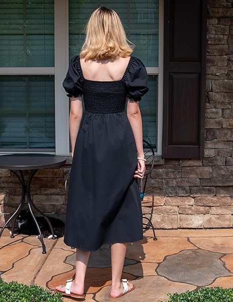 WOMEN’S SUMMER CASUAL PUFF SLEEVE DRESS SQUARE NECK SMOCKED OFF SHOULDER BOHO SIDE SPLIT MIDI DRESSES