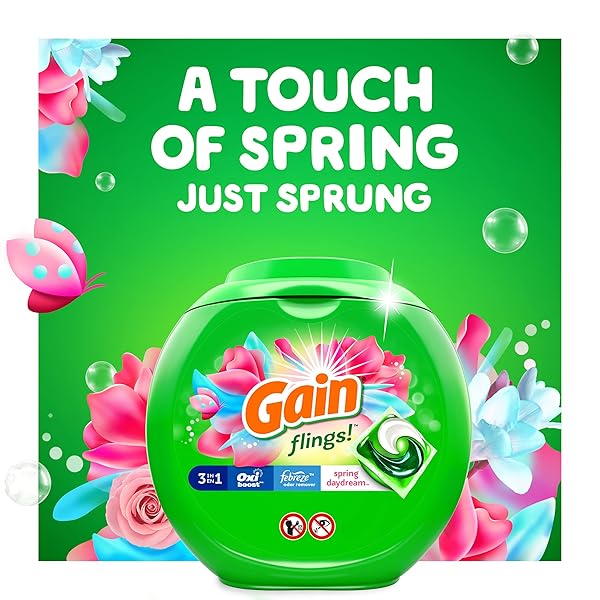 GAIN FLINGS LAUNDRY DETERGENT PACS, 76 COUNT, SPRING DAYDREAM SCENT, 3 IN 1 HE DETERGENT PACS WITH OXI BOOST AND FEBREEZE