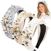 Ivyu Headbands for Women Head Bands - Knotted Pearl Headband Diademas Para Mujer De Moda Hair Accessories Hairbands for Girls No Slip Fashion Cute Top Knot Headband Gift for Women White Gray Beige