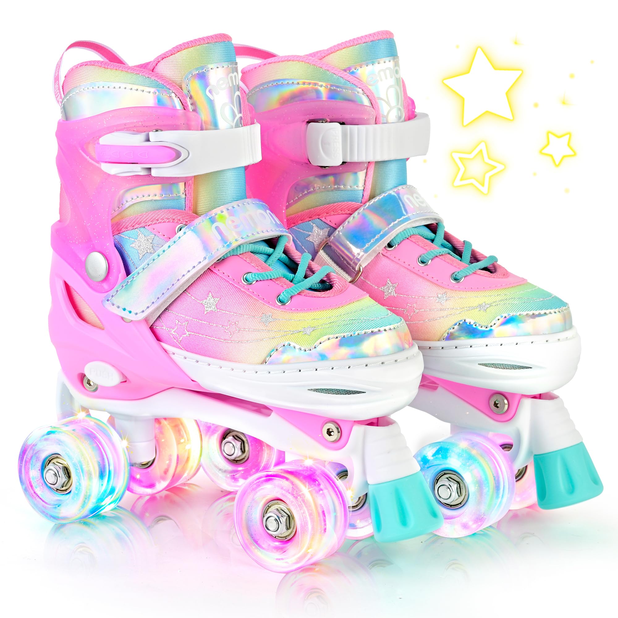 NEMONE Unicorn 4 Size Adjustable Light up Roller Skates for Girls, Pink Skates for Toddlers, Beginner Kids Roller Skates Indoor Outdoor (Unicorn L NEW) Image