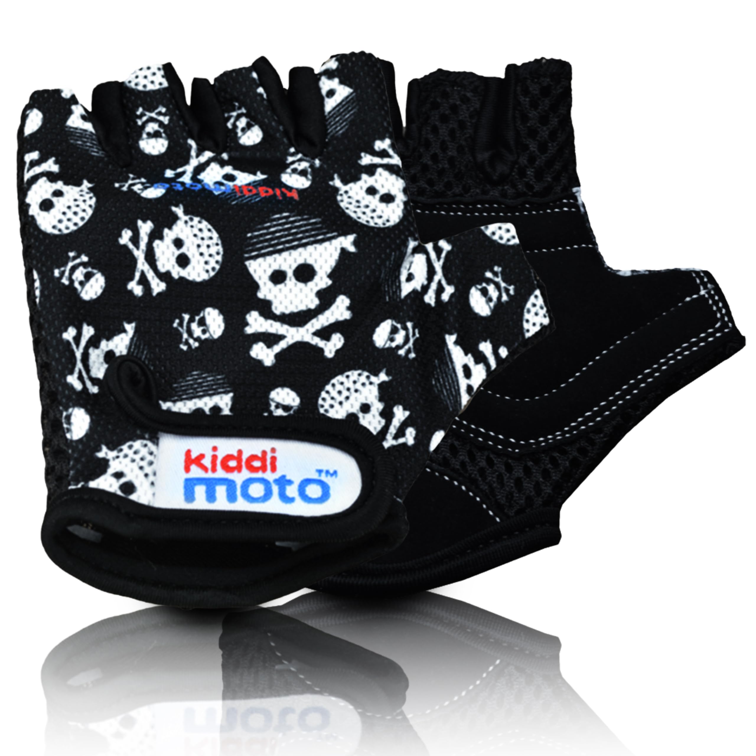 Kiddimoto Skull Anti Slip Kids Bike Gloves For Kids Boys & Girls Best Toddler Bike Gloves Ages 2-8 Fingerless Cycling Gloves For Youth Sports Like Mtb, Bmx Dirt Biking, Mountain Bike Riding, Skates