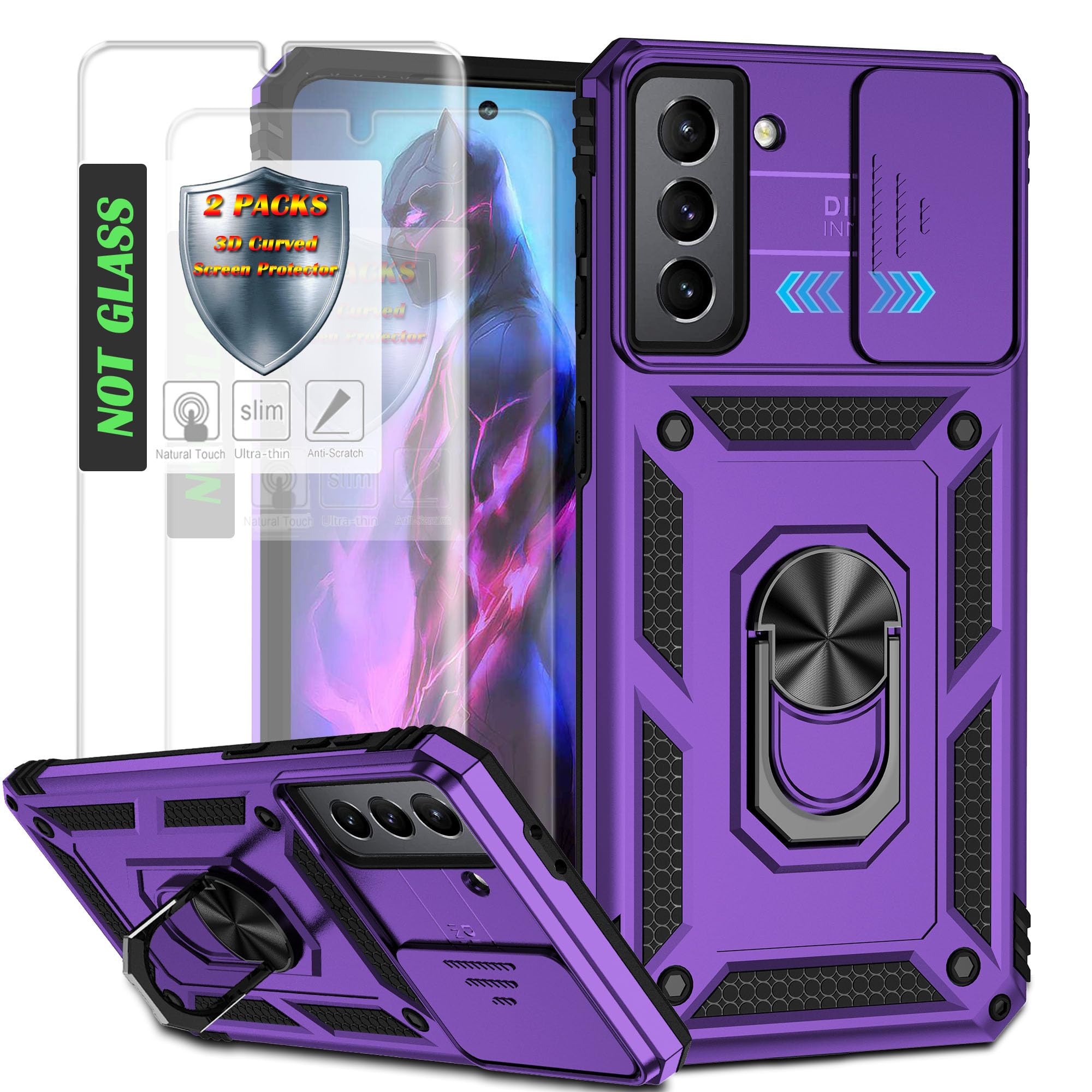 Photo 1 of AYMECL for Galaxy S21 Plus 5G Case with Slide Camera Cover & [2 Packs] 3D Curved Screen Protector,Built-in 360° Rotate Ring Stand Magnetic Cover Case for Samsung Galaxy S21+ 5G 6.7 inch-Lilac