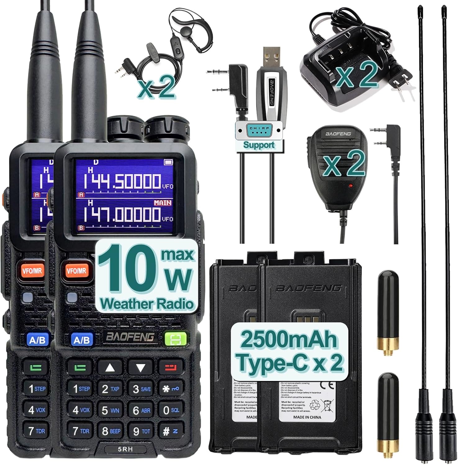 BAOFENG Radio 10W Walkie Talkies Long Range NOAA Weather Radio Handheld Emergency Two Way Radio 999CH with 2500mAh Type-C Battery,Programming Cable for Survival Gear Hunting Camping(2PACK)