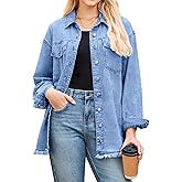 LookbookStore Jean Jacket Women Trendy Oversized Button Down Long Sleeve Frayed Hem Denim Shirt Jackets Distress Shacket