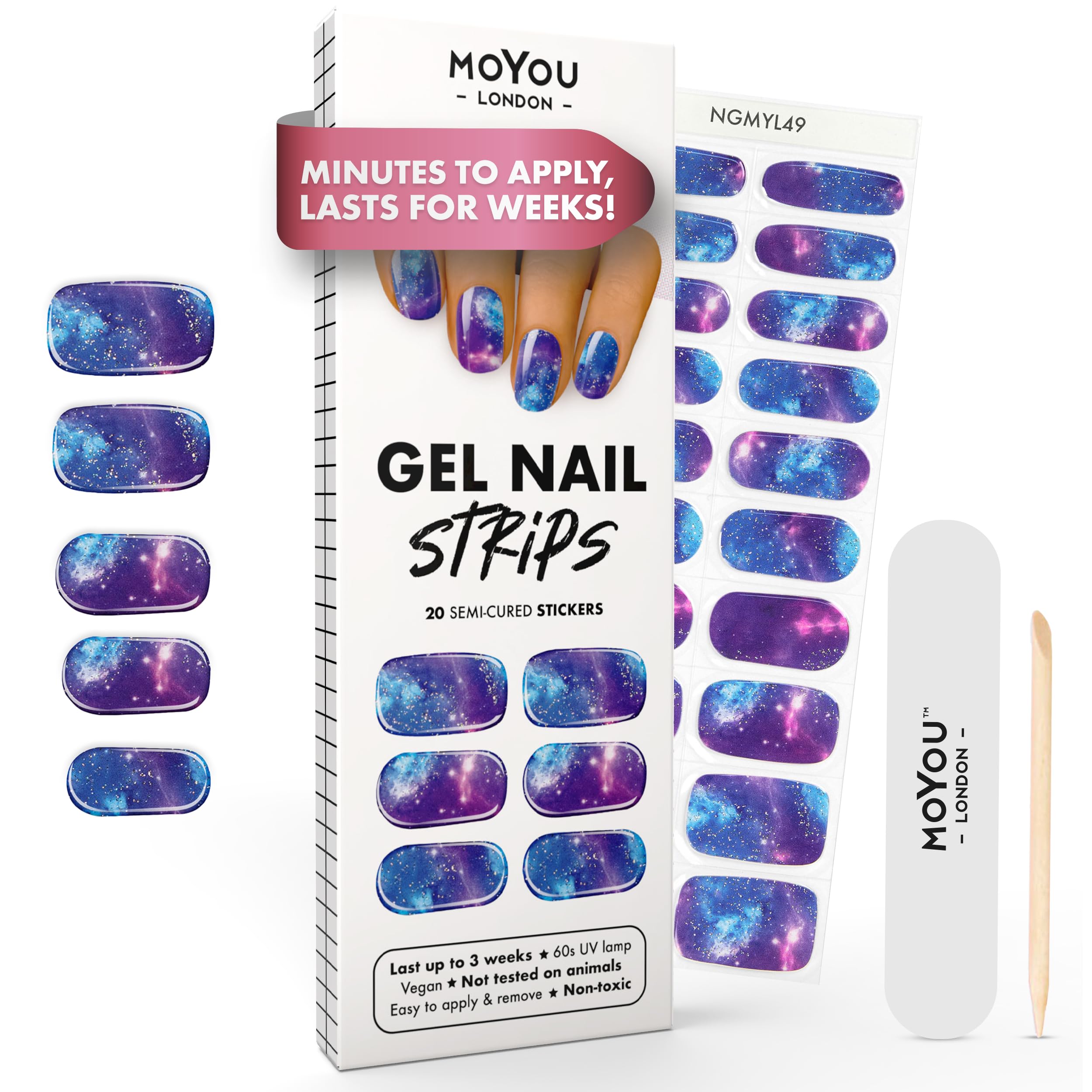 MOYOU LONDON Semi Cured Gel Nail Strips - 20 Pcs. Waterproof Gel Nail Wraps, Cures in Sunlight or UV/LED Lamp, Lasts Up to 2+ Weeks, Stretchable, Easy to Apply & Remove, Vegan & Cruelty-Free
