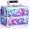 Joligrace Makeup Train Case Cosmetic Box Portable Makeup Organixer Case with Mirror 2 Trays Key Lock Makeup Box Organizer Storage Craft Case for Makeup Artist, Nail Kits, Crafter Unicorn