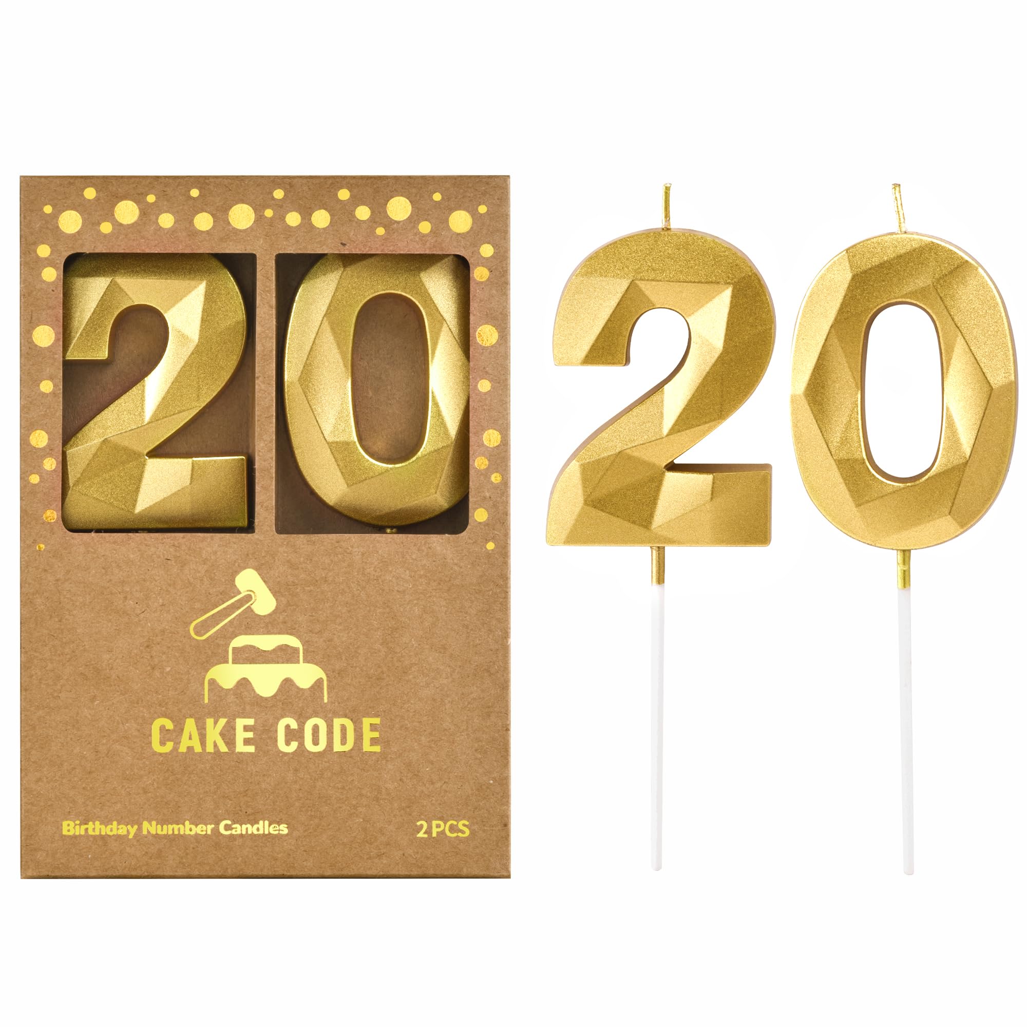 CAKE CODE 2.76 Inch Crystal Gold 20 Number Birthday Candles, Gold and Cake Number Candles for Party Celebration