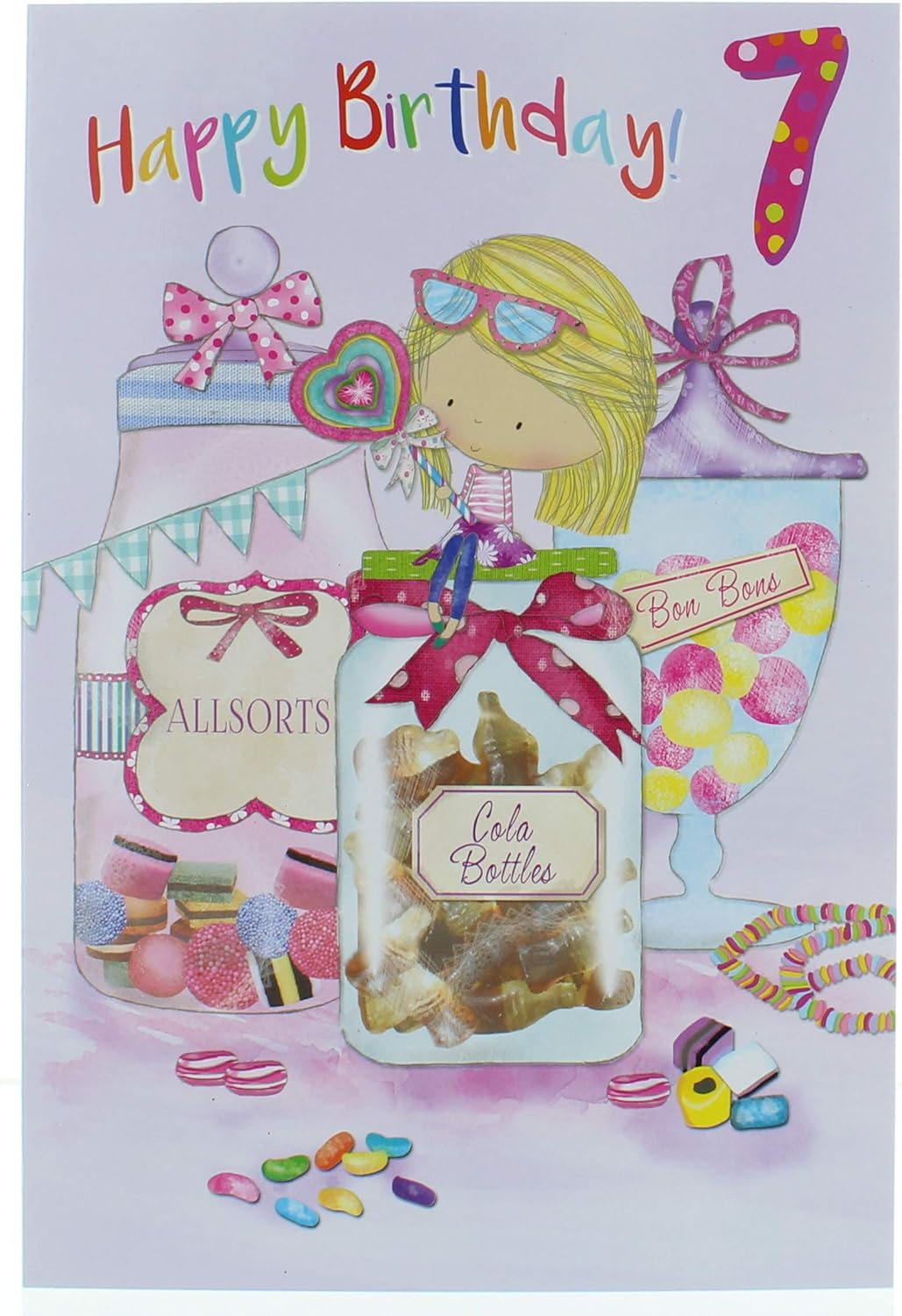 Age 7 Girl Birthday Card - 7th Birthday Girl with Jars of Sweets 7.75x5.25, Multi, 19.5cm x 13.5cm