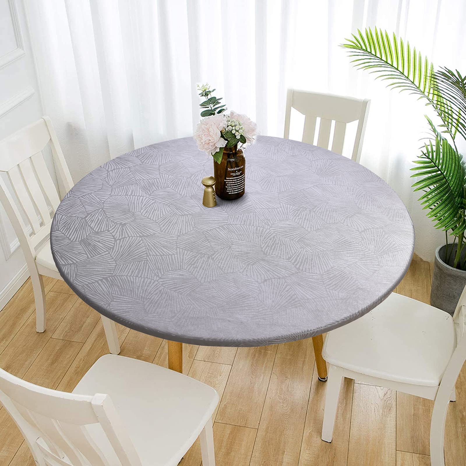 MINGPINHUIUS Elastic Edged Vinyl Round Fitted Tablecloth - Oil & Waterproof Wipeable Plastic Table Cover Indoor Outdoor Patio Round Fitted Vinyl Tablecloth, Plant Pattern (Grey, 120cm in diameter)