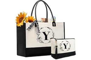 BeeGreen Initial Canvas Handbags Personalized Birthday Gift for Women, Embroidery Tote Bags with Leather Handle