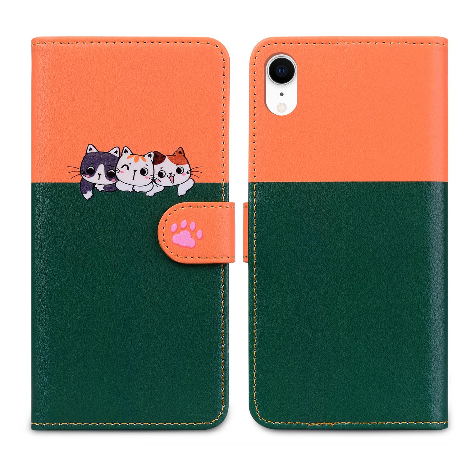 Nbziyoo Phone Case for iPhone XR,Cartoon Cats/Dogs Patterns Flip Wallet Case with Card Slots, Premium Magnetic PU Leather Cover Case for iPhone XR, Dark Green