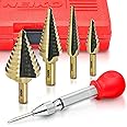 NEIKO 10169A Step Drill Bit Set and Automatic Center Punch | 5 Piece, 41 SAE Sizes Total, 1/8” – 1-3/8” | Titanium High Speed Steel Unibit, Stepper Cone Drill Bit | Two Flute Step Down Bits