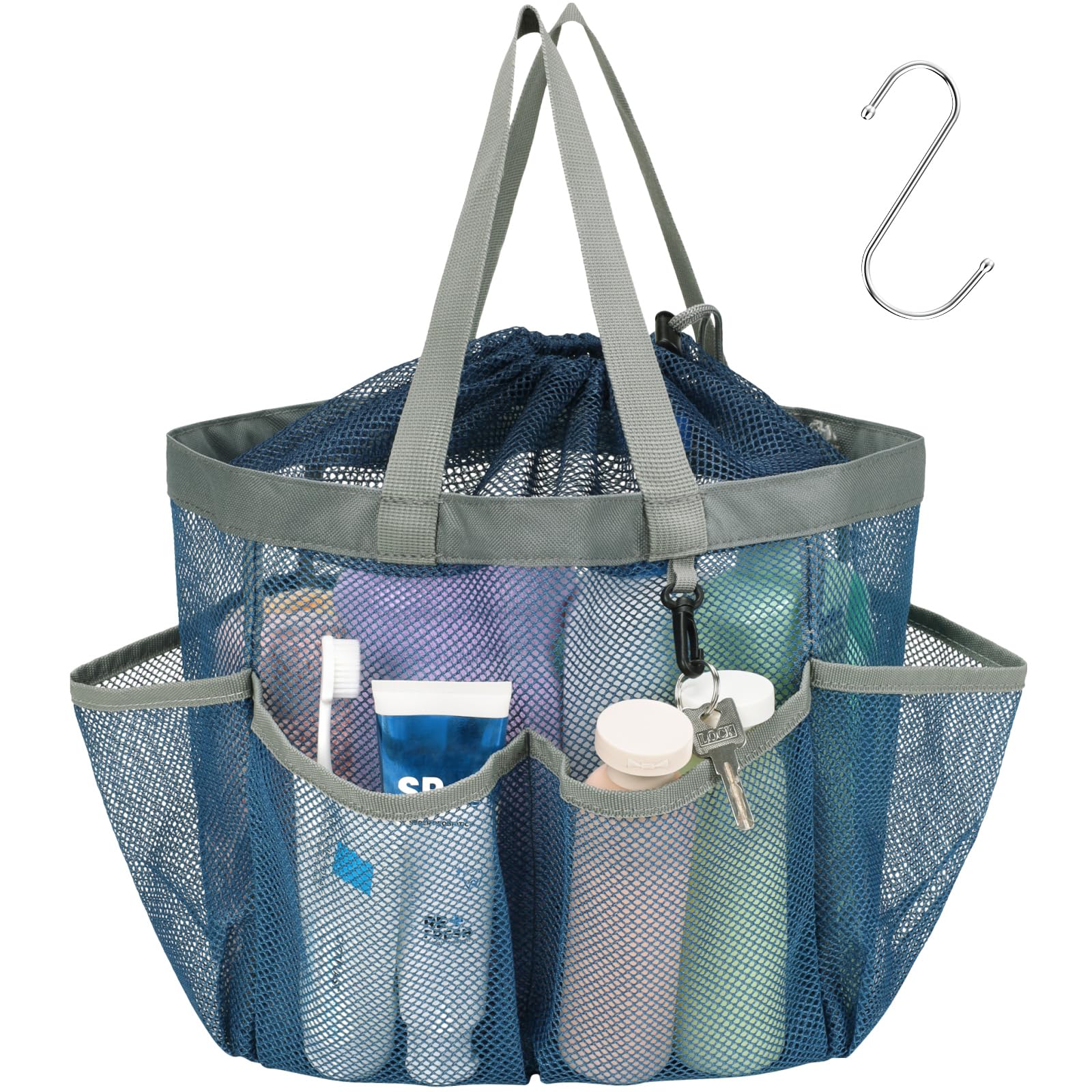 Photo 1 of F-color Mesh Shower Caddy Portable with Drawstring - Upgrade Deeper 7 Pockets Dorm Room Essentials for Guys Girls with S Hook, Shower Bag Basket Tote for College Camping Toiletry Bathroom, Blue