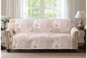 Brilliant Sunshine Traditional Rose and Sage Patchwork Couch Cover, Quilted Loveseat Slipcover, 54" Seat Width, Slip Resistant Furniture Protector, 2" Strap, Washable Cover for Kids, Dogs, Rose Sage