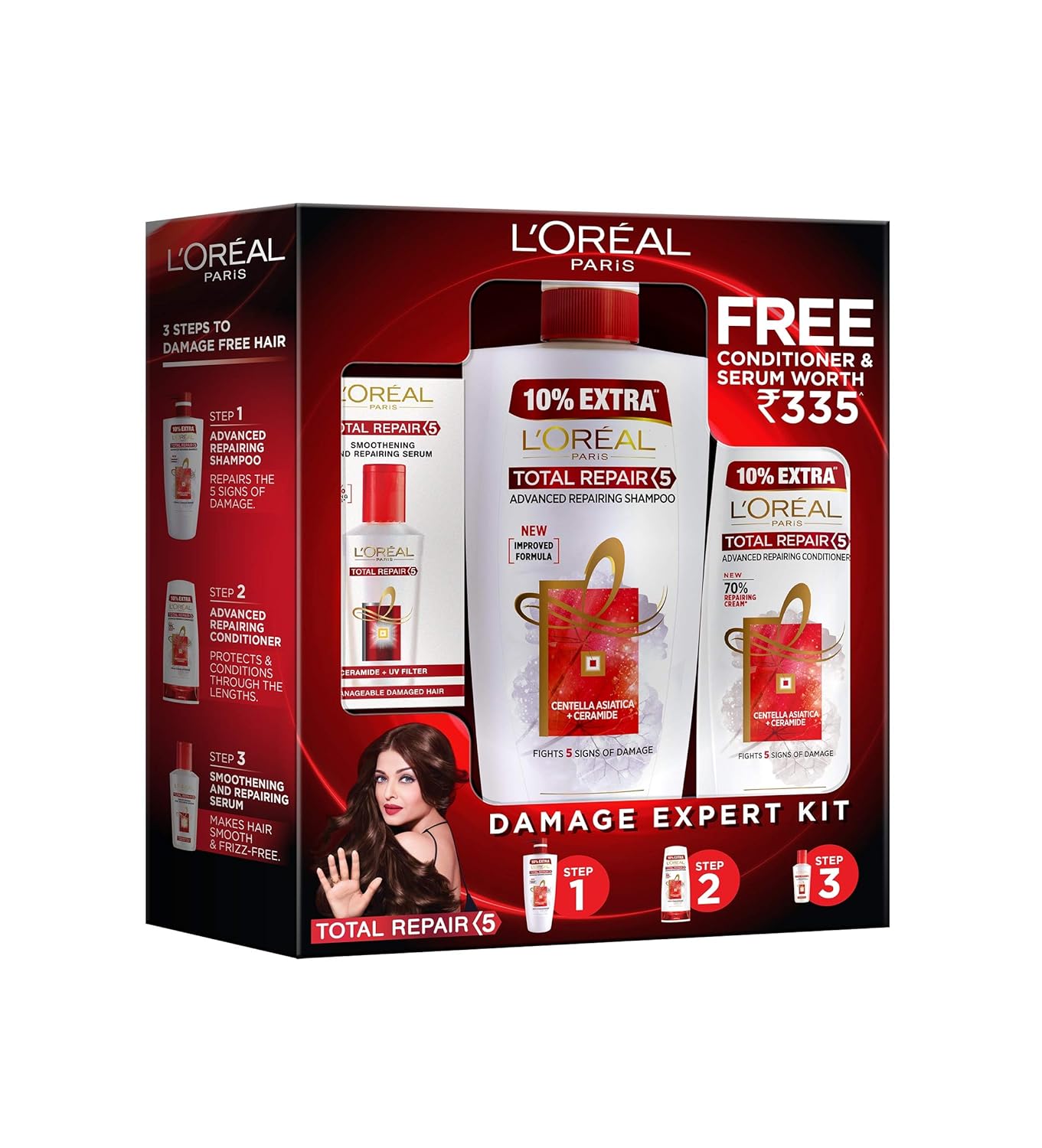 L'Oreal Paris Total Repair 5 Shampoo 640ml Combo with Conditioner, 175ml + Serum, 40ml FREE At