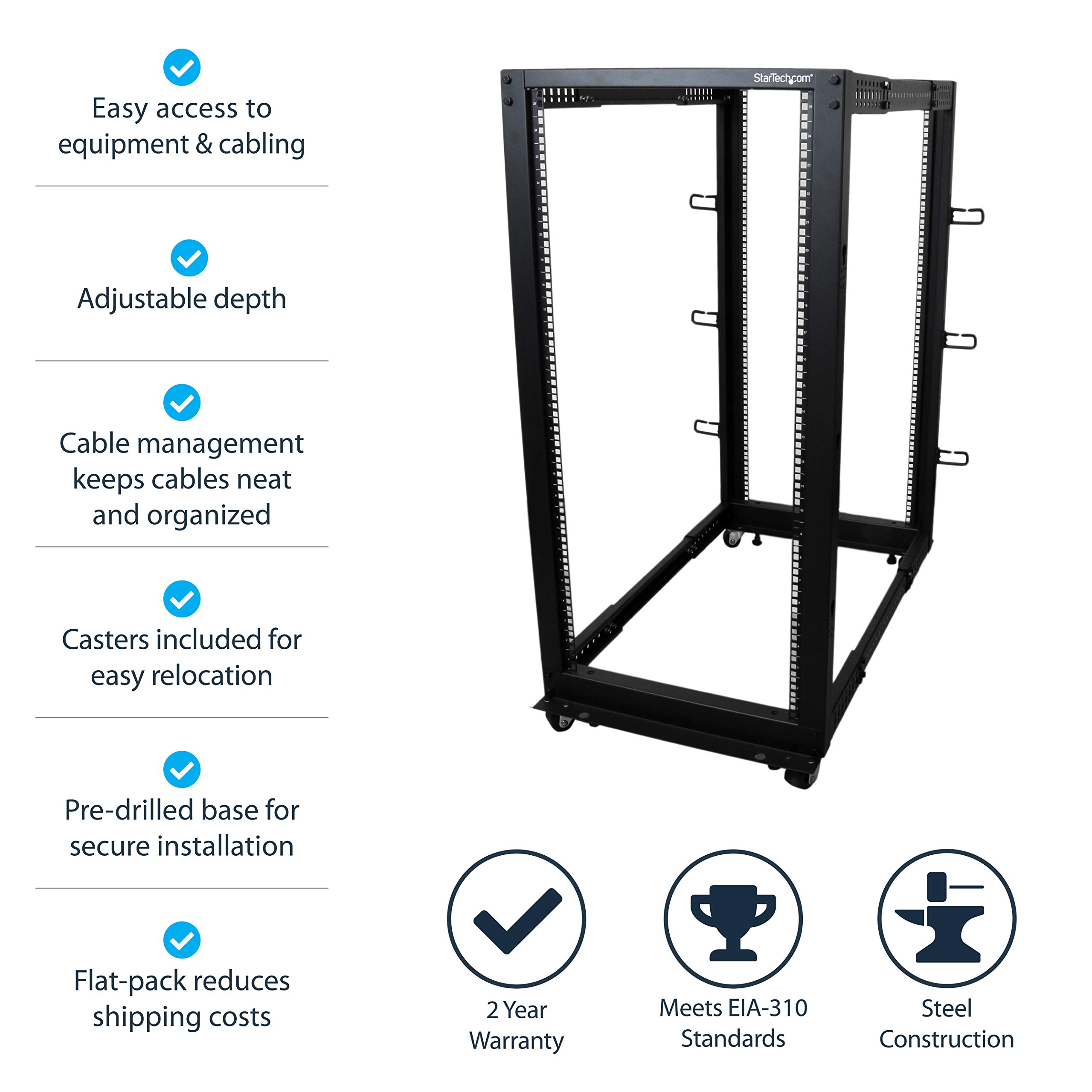 StarTech.com 25U Open Frame Server Rack - 4 Post Adjustable Depth (22" to 40") Network Equipment Rack w/Casters/Levelers/Cable Management (4POSTRACK25U)