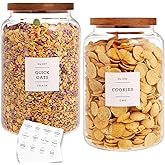 CZHQSMZ Set of 2 Large Glass Flour and Sugar Containers with 132 Pantry Labels - Glass Food Storage Jars with Airtight Bamboo Lid for Flour Pasta Candy Coffee Cookie and More(1 Gallon/4000 ml)