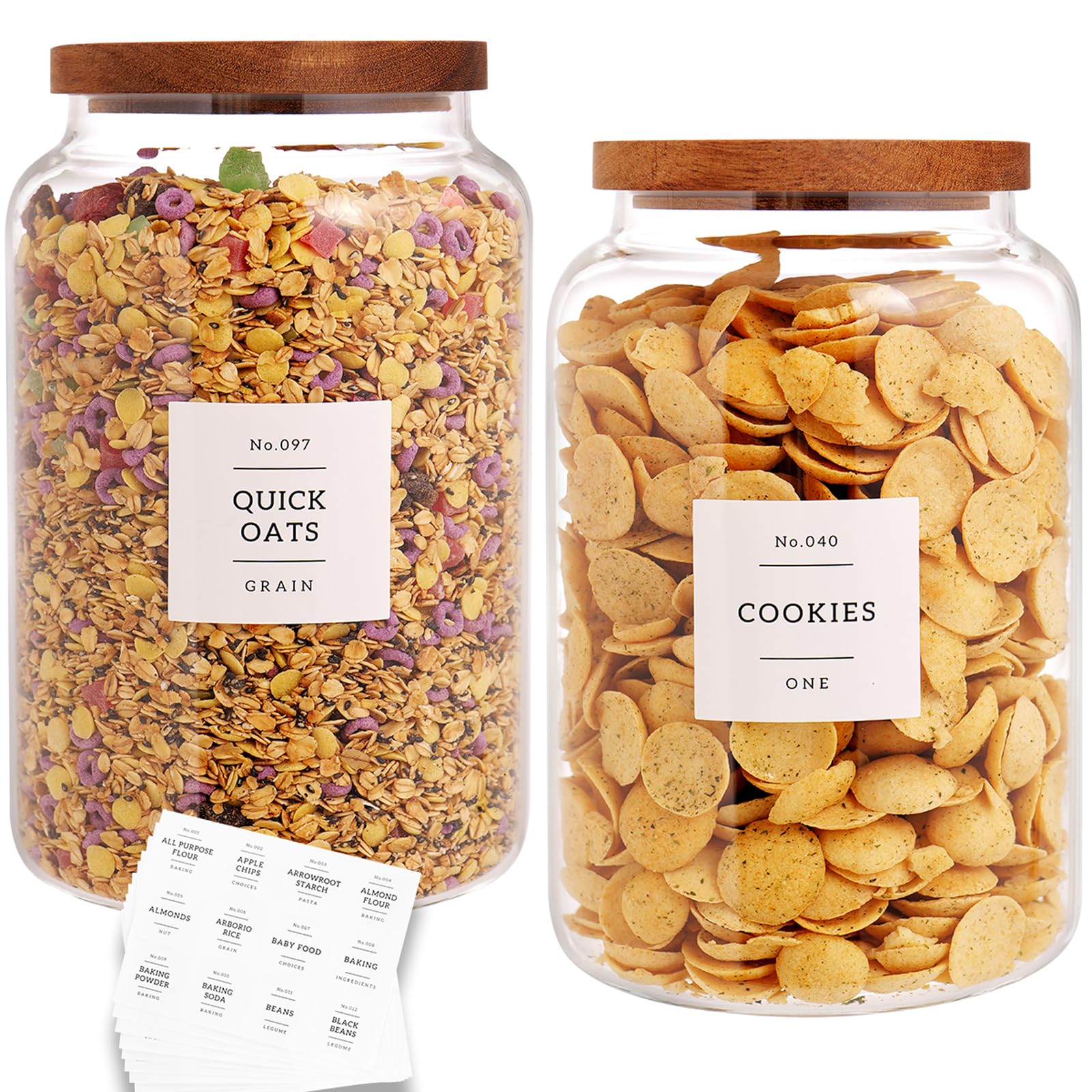 Photo 1 of CZHQSMZ Set of 2 Large Glass Flour and Sugar Containers with 132 Pantry Labels - Glass Food Storage Jars with Airtight Bamboo Lid for Flour Pasta Candy Coffee Cookie and More(1 Gallon/4000 ml)