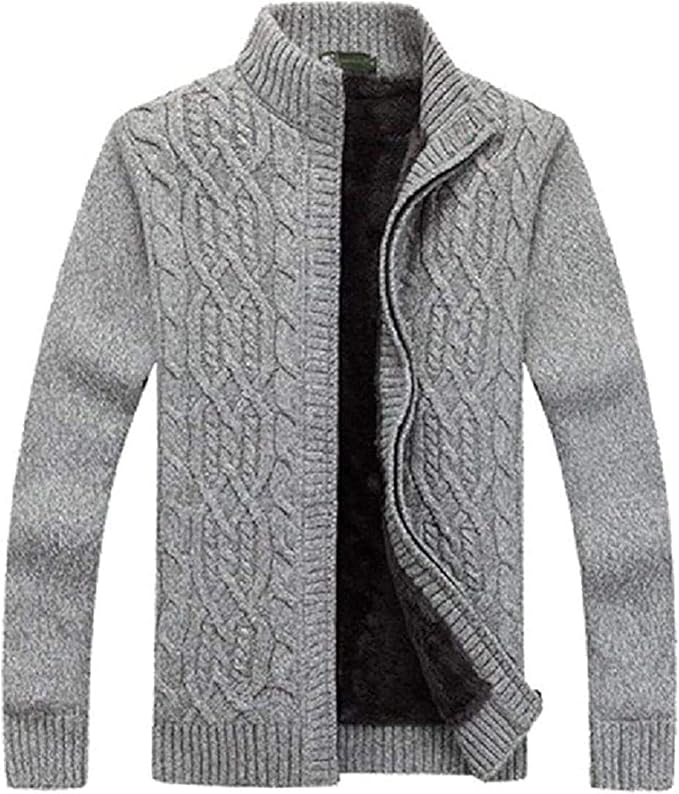 Men Winter Fleece Lined Stand Collar Knit Zip Up Cardigan Sweater ...