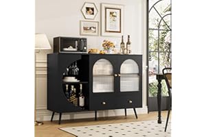 FACBOTALL Coffee Bar, Buffet Sideboard with 2 Drawers and Fluted Glass Door, Wine Bar Cabinet for Kitchen, Dining Room, Living Room, Modern Kitchen Storage Cabinet Black