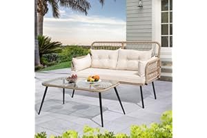 YITAHOME 2-Piece Patio Furniture Wicker Outdoor Loveseat, All-Weather Rattan Conversation for Backyard, Balcony and Deck with Soft Cushions and SideTable (Light Brown+Beige)