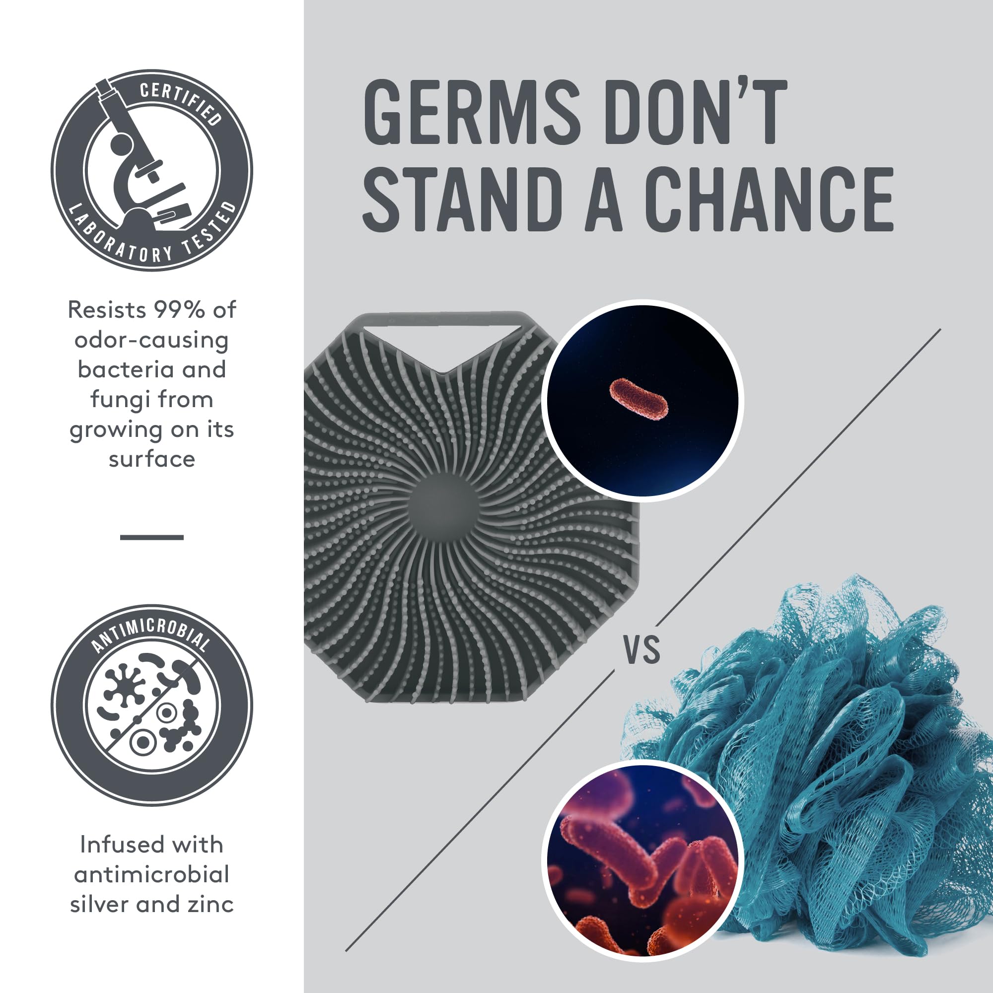 Sud Scrub® Antimicrobial Silicone Body Scrubber, Exfoliating Body Scrubber for Sensitive Skin, Eco Friendly Shower Scrubber for Body, Silicone Body Brush for Showering, Charcoal