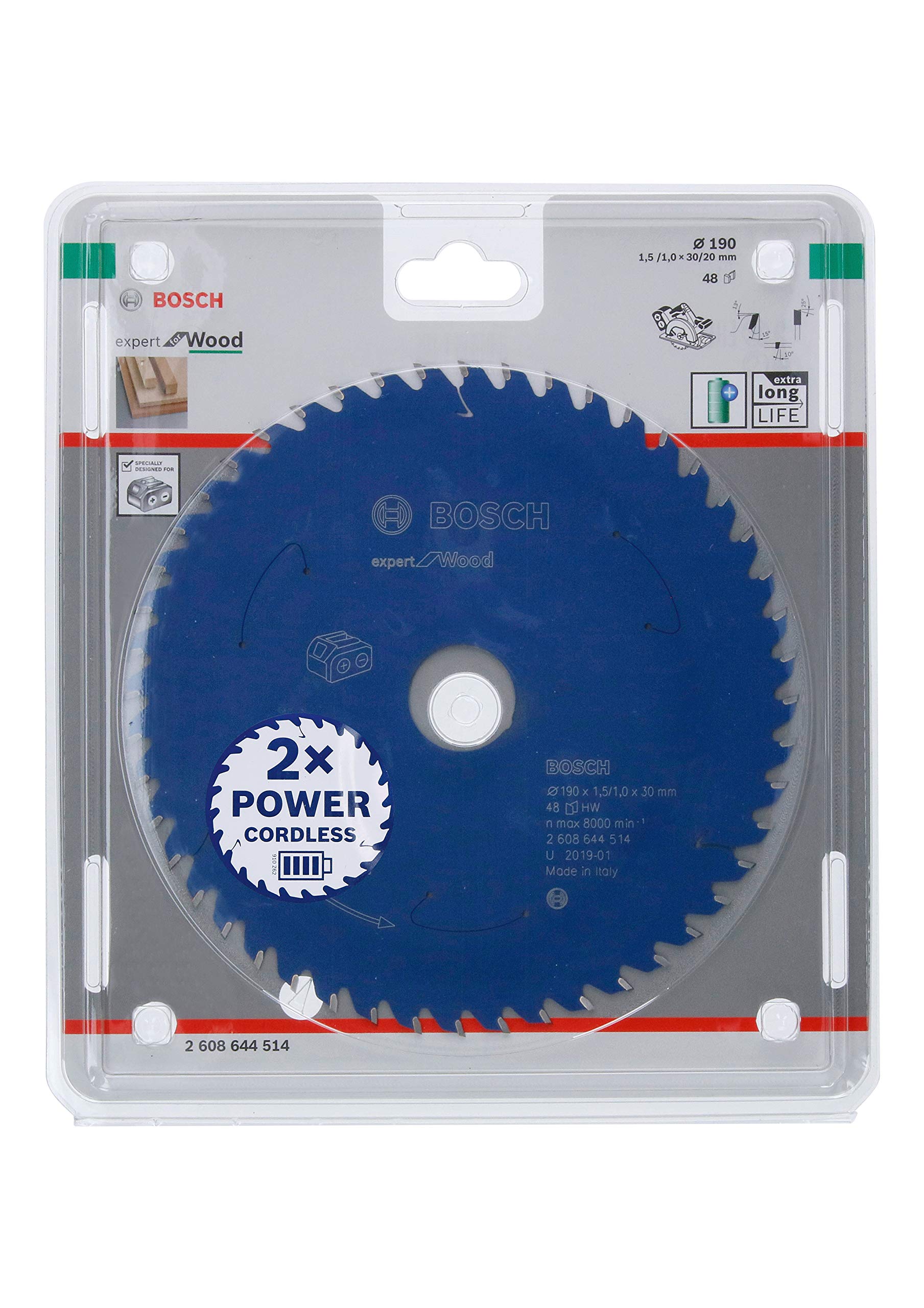 Bosch Professional Circular Saw Blade Expert (for Wood, 190 x 30 x 1.5 mm, 48 Teeth; Accessories: Cordless Circular Saw) 2608644514