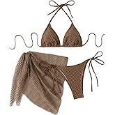 SEGT Women's 3 Piece Solid Swimwear Sexy Triangle Bikini Sets with Cover Up Halter String Tie Side Bathing Suits