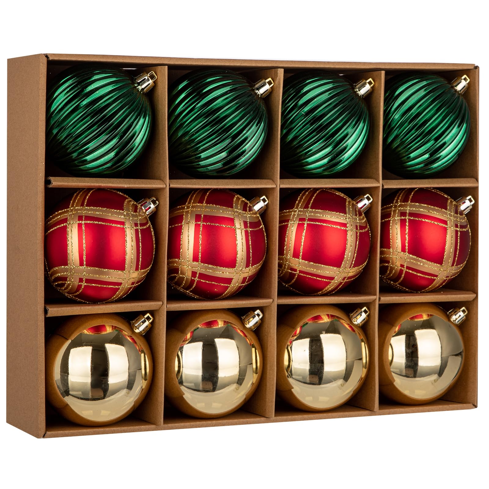 Photo 1 of 12 Pcs Christmas Ball Ornaments 3.15'' Shatterproof Plastic Hanging Balls Christmas Tree Decoration Ornaments for Xmas Holiday Party Wedding Decor - Red, Gold, Green