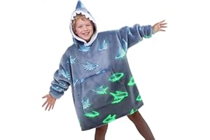 Yoofoss Kids Wearable Blanket Hoodie, Glow in the Dark Oversized Fleece Sherpa Sweatshirt Blanket with Pockets, Cozy Gift for 7-13Y Girls, Shark