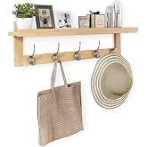 SMIBUY Coat Hooks with Shelf Wall-Mounted, 29.2 Inch Entryway Coat Rack for Wall, Bamboo Hanging Shelf with 5 Double Metal Hooks for Bathroom, Bedroom, Kitchen, Living Room, Mudroom (Natural)