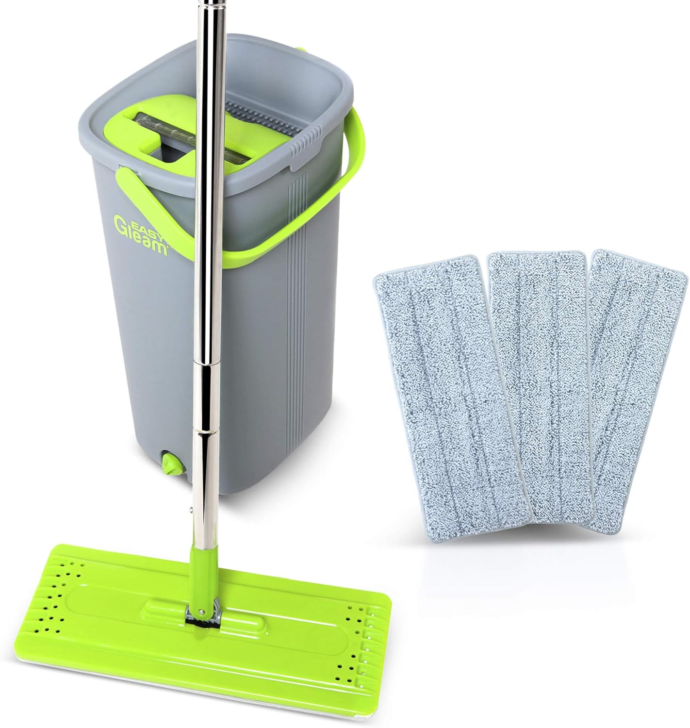 EasyGleam Mop and Bucket Set. Microfiber Flat Mop with Stainless Steel Handle, Innovative Twin Chamber Bucket for Wet & Dry use. 3 Reusable Pads Supplied, Suitable for All Floor Types: Kitchen & Dining