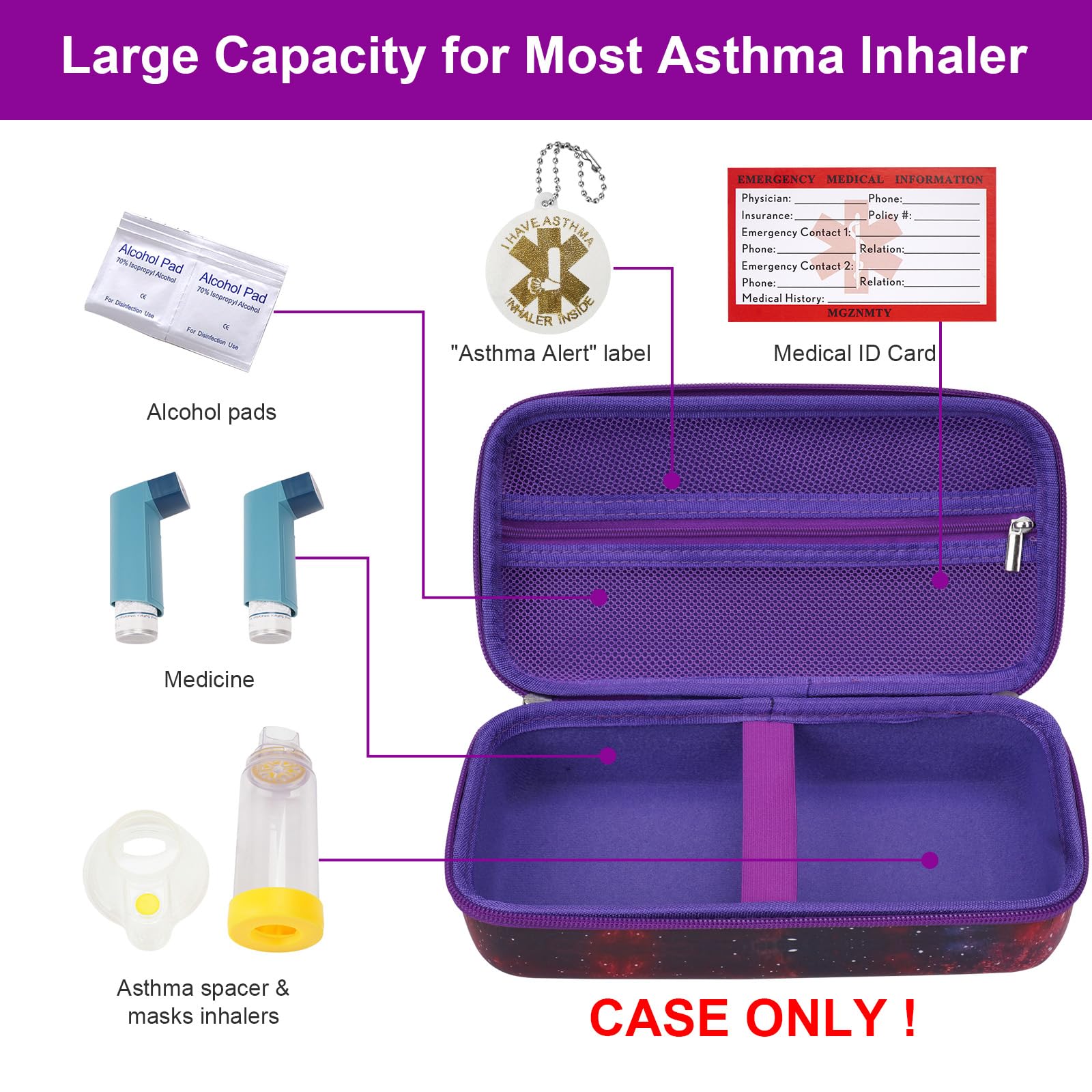 MGZNMTY Travel Carrying Case Compatible with Asthma Inhaler Spacer for Adults and Children, Masks, Inhaler Holder with Asthma Alert Tag and Medical Card, Carabiner (Only Case) (Galaxy)