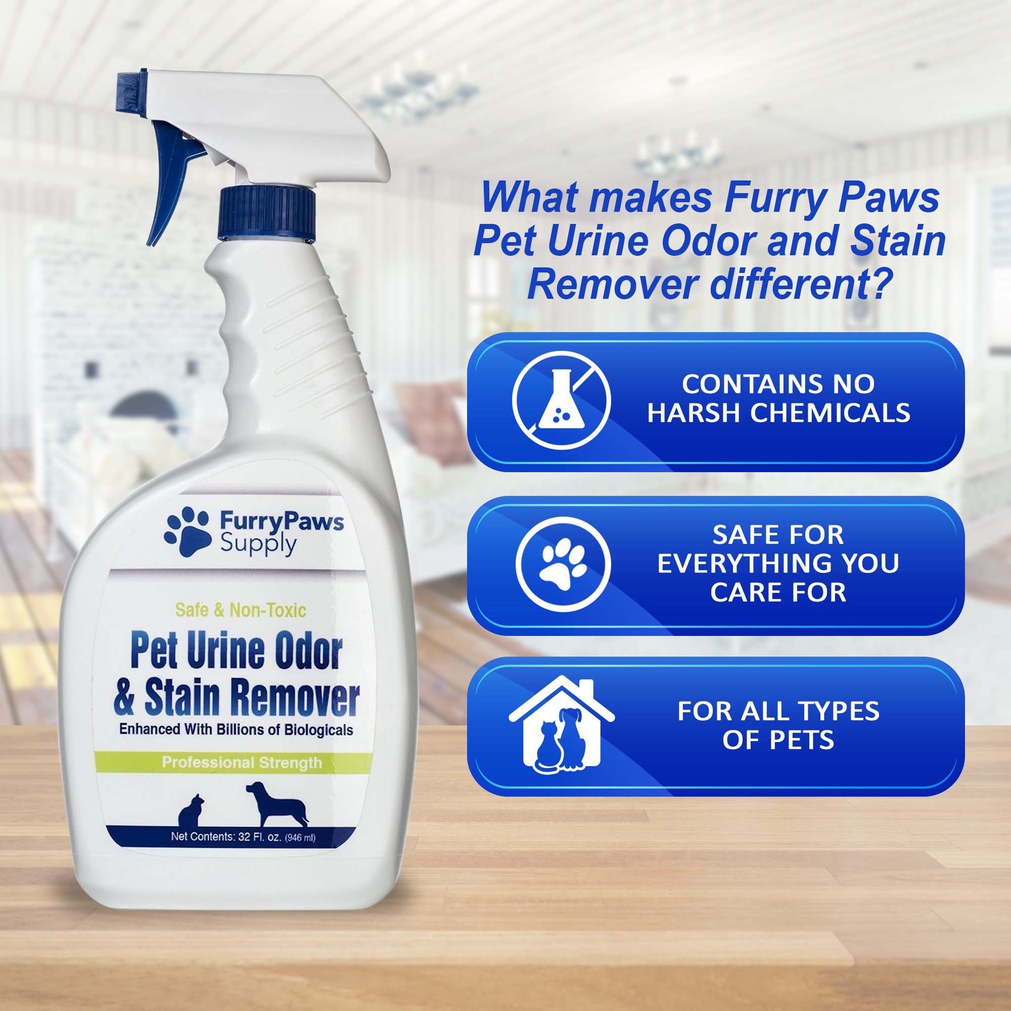 Furry Paws Pet Urine Odor and Stain Remover 32 Ounce Permanently
