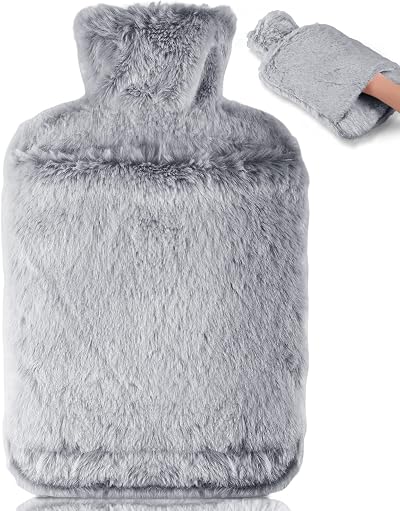 BOLEi 2L Hot Water Bottle with Faux Fur Cover Grey Leakproof Winter Warmer