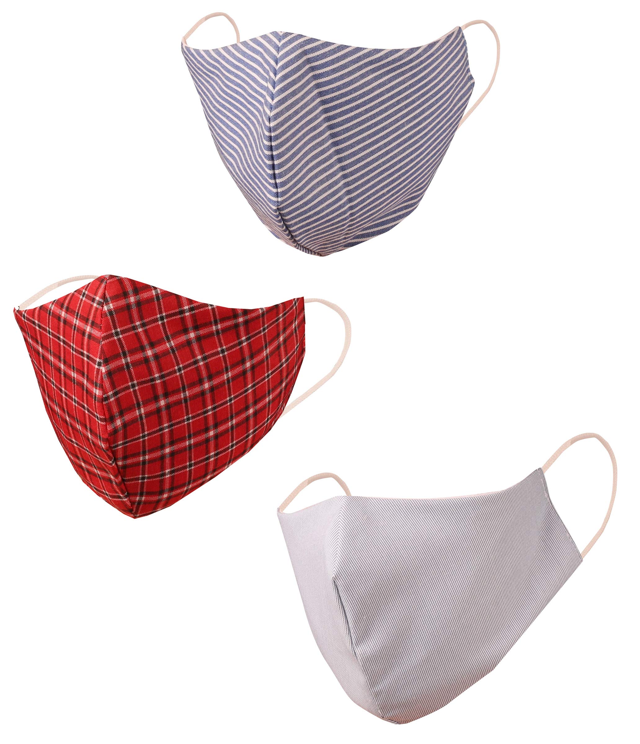 Touchstone Striped Cotton Small Size Face Masks Reusable Washable Handcrafted Double Layer for women, men. (Pack of 3). Red Blue